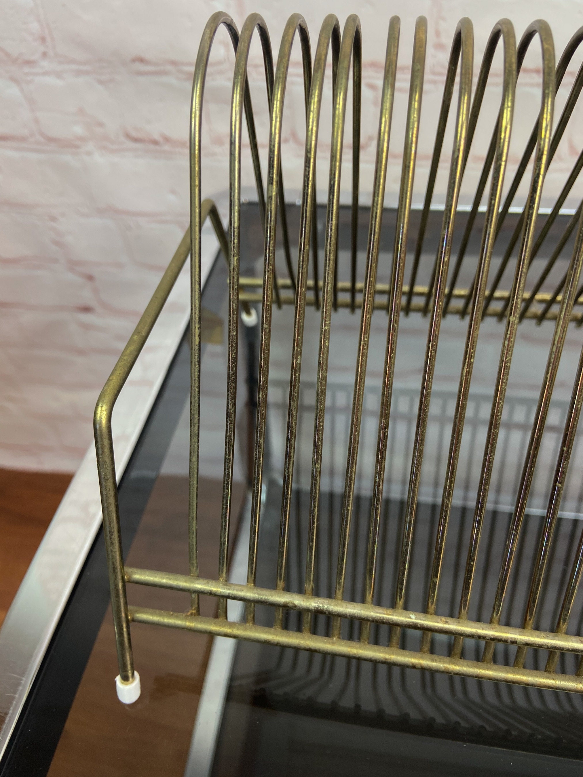 Mid Century Record Stand, Tabletop Vintage Gold Wire Record Holder