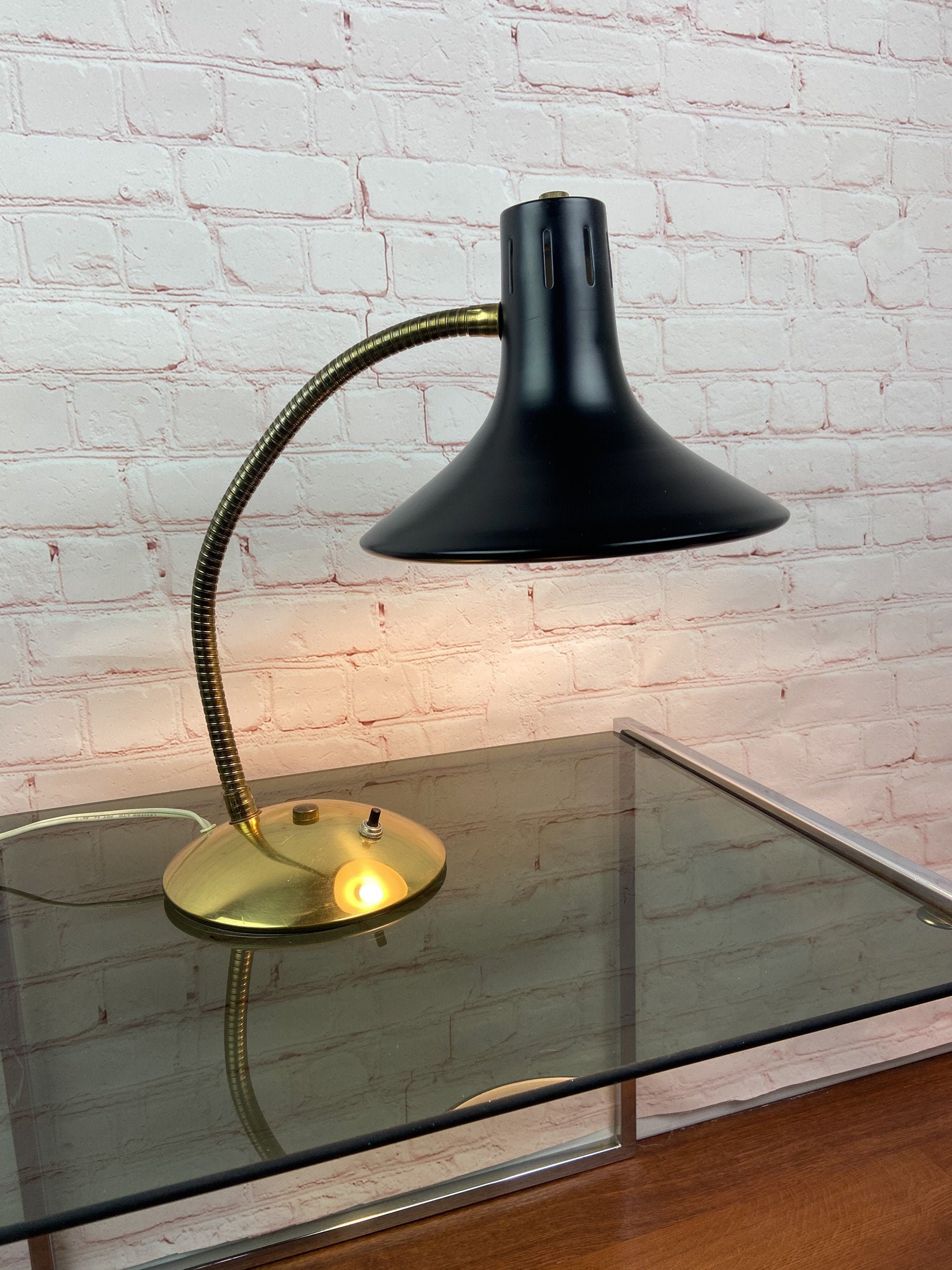 MCM Desk Lamp, Mid Century Gooseneck Desk Lamp, Brass Plated Gooseneck
