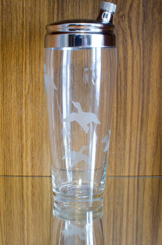 Vintage Glass Cocktail Shaker, Etched Duck Motif, Chrome Cap