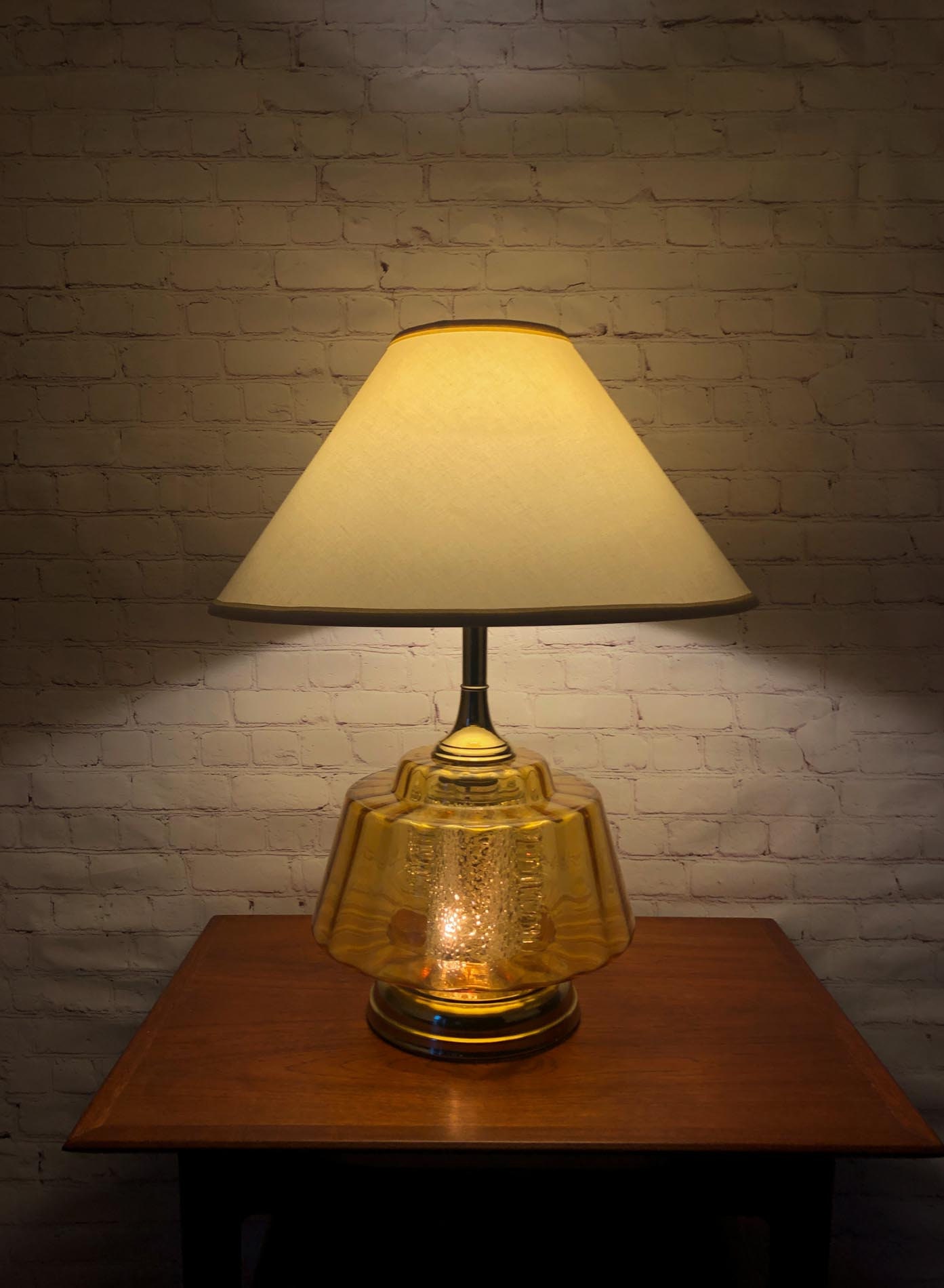 Mid Century Modern Amber Glass Night Light Base Table Lamp, Blown Glass