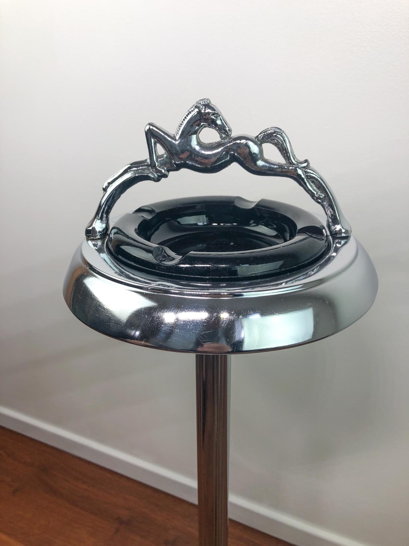 Vintage Standing Ashtray with Horse Handle, Vintage Chrome Horse