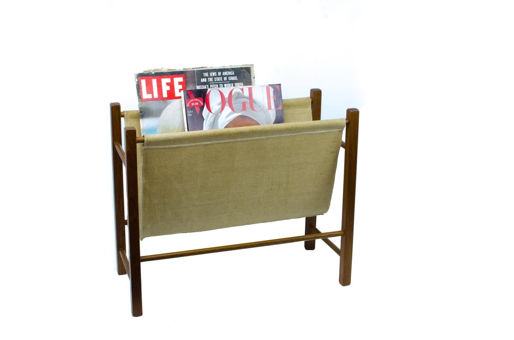 Teak Magazine Rack, Teak and Canvas Magazine Rack, Danish Magazine Rack, Mid Century Magazine