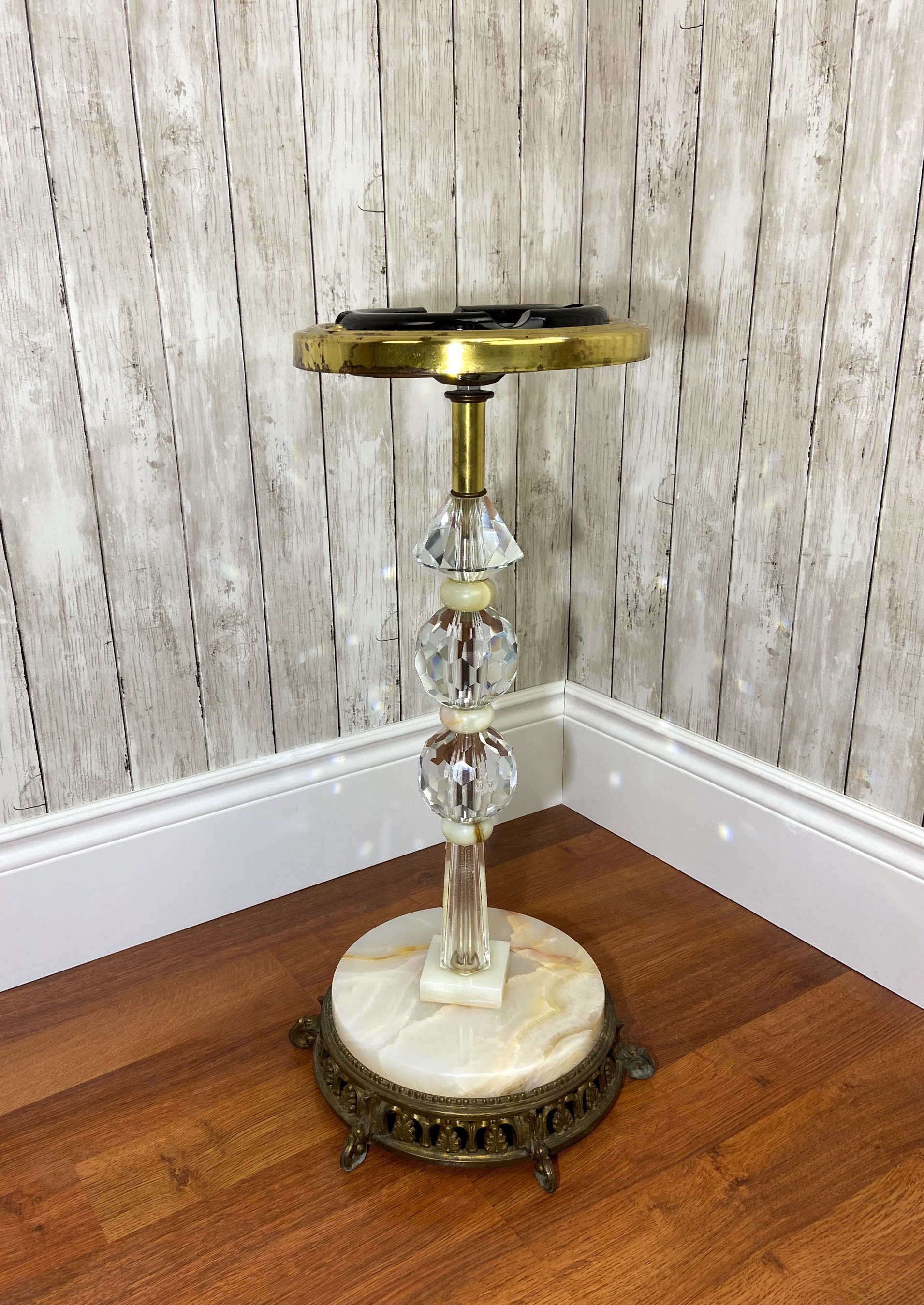 Vintage Standing Ashtray Vintage Brass Plated Ashtray Cut Glass Ashtray