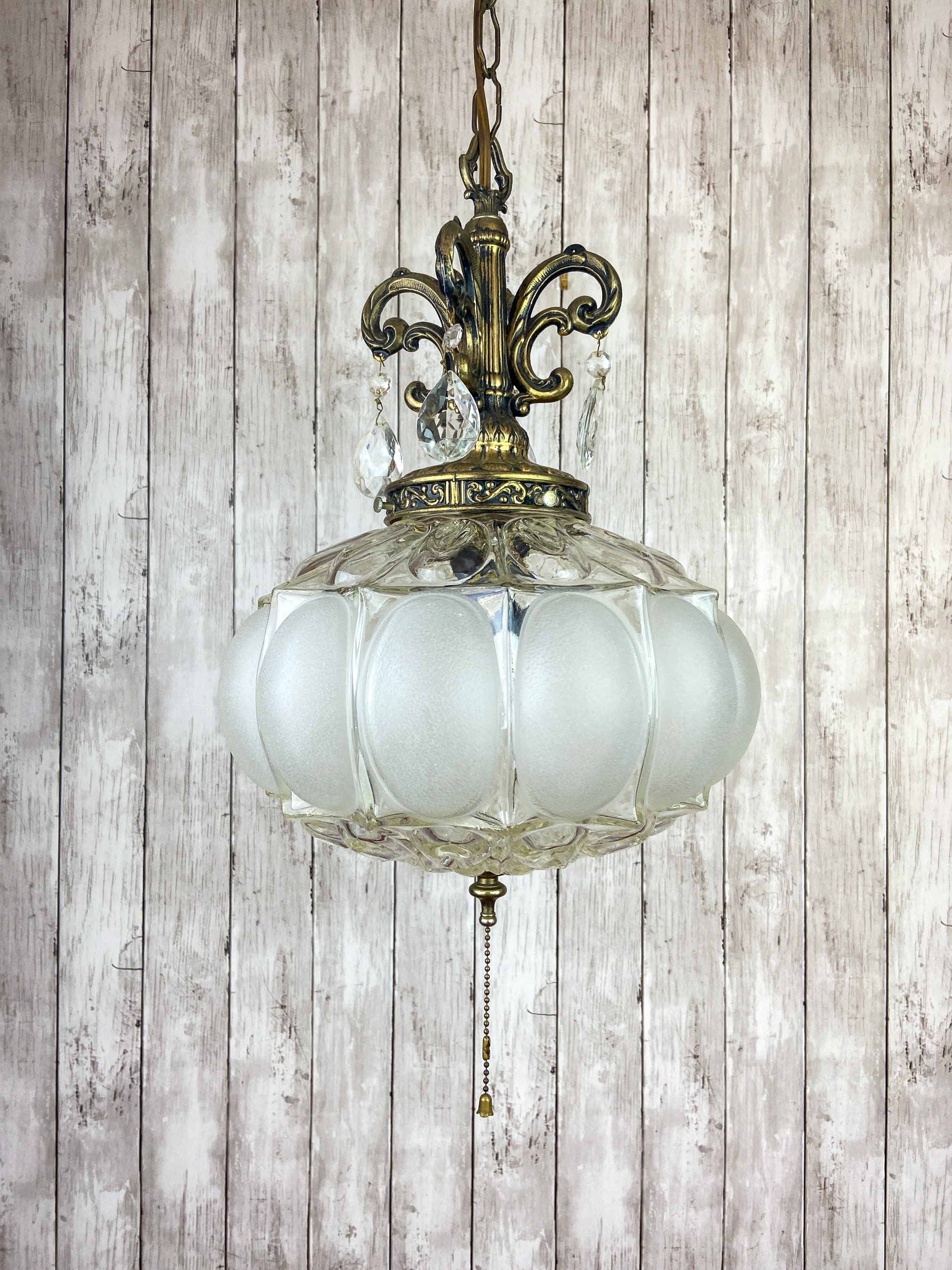 Mid Century Glass Swag Lamp Vintage Brass and Glass Swag Boho Swag Lamp