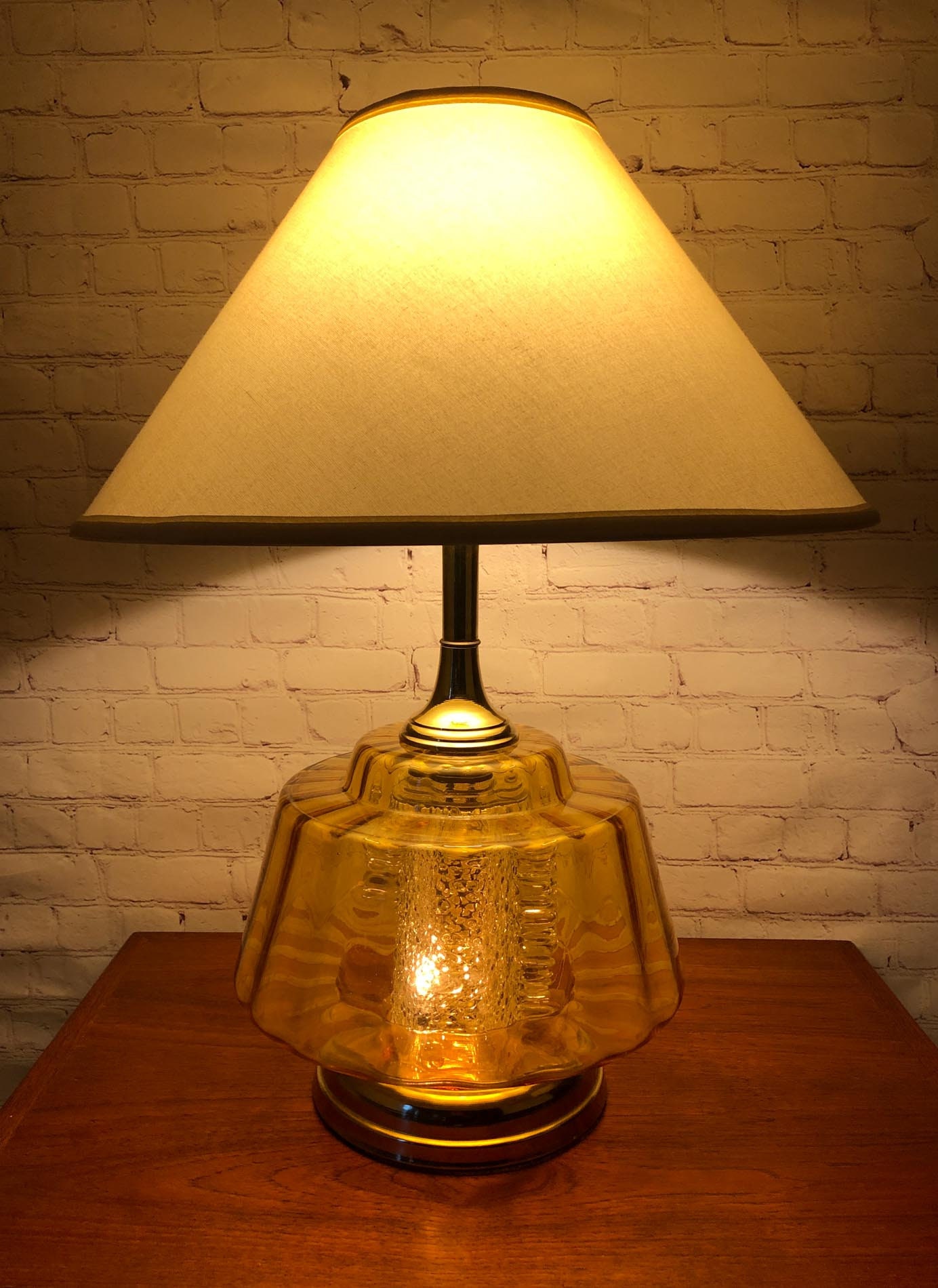 Mid Century Modern Amber Glass Night Light Base Table Lamp, Blown Glass