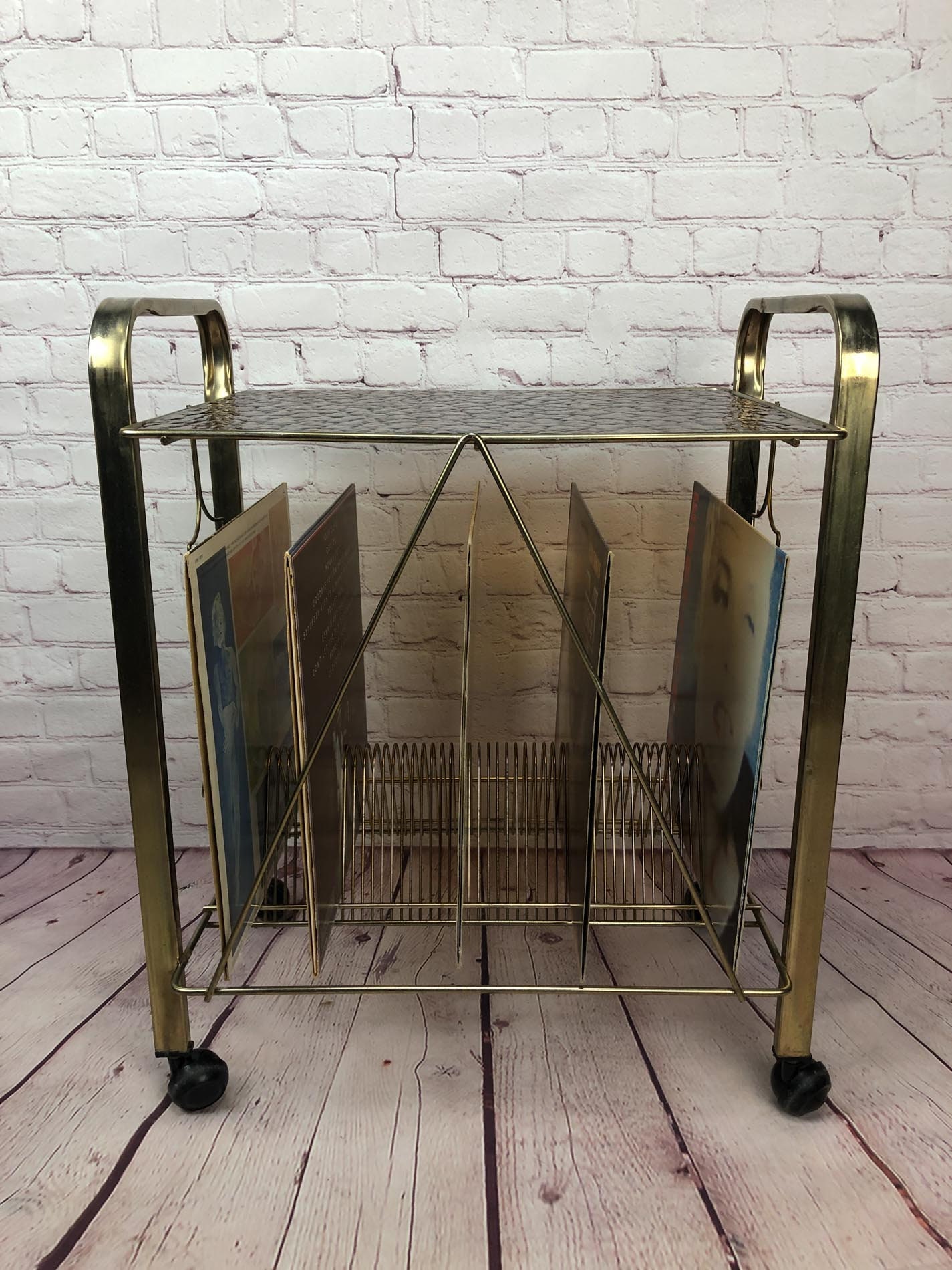 Vintage Record Rack, Brass Plated Record Stand, Vintage Turntable Stand, Mid Century Record