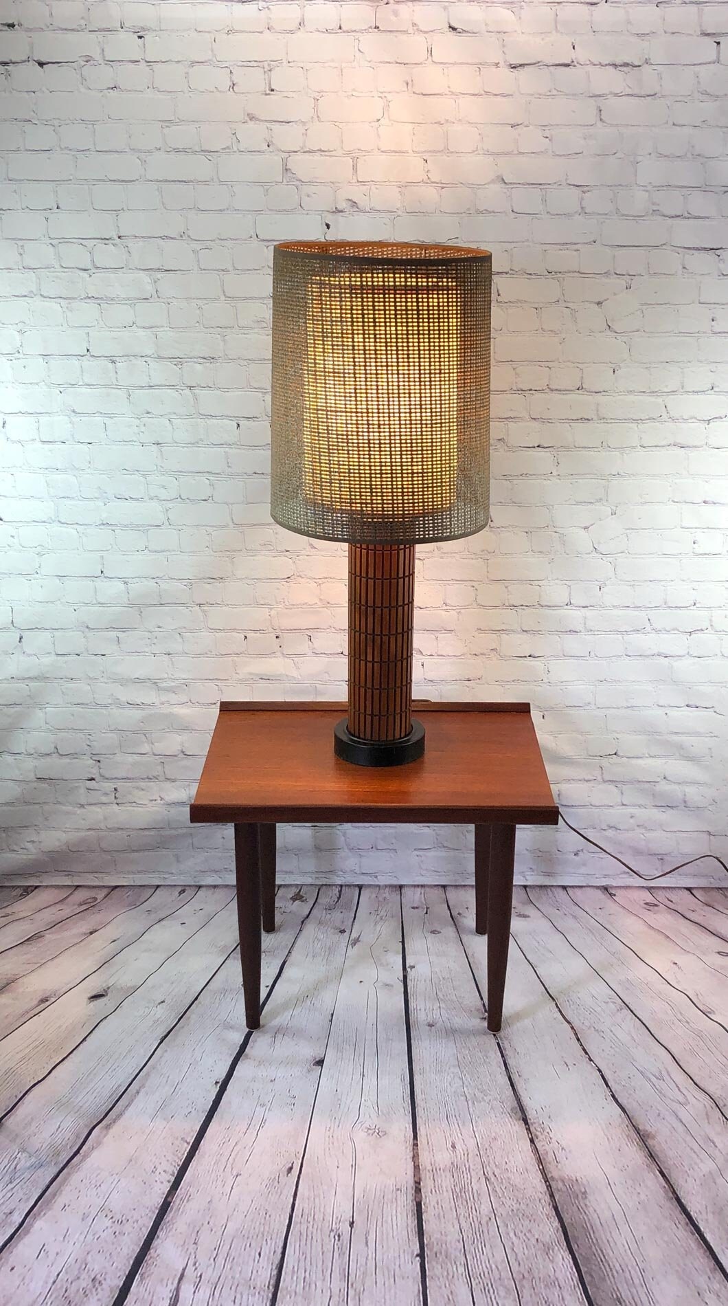 Mid Century Teak Tambour Lamp, Teak Table Lamp, Wicker Shade