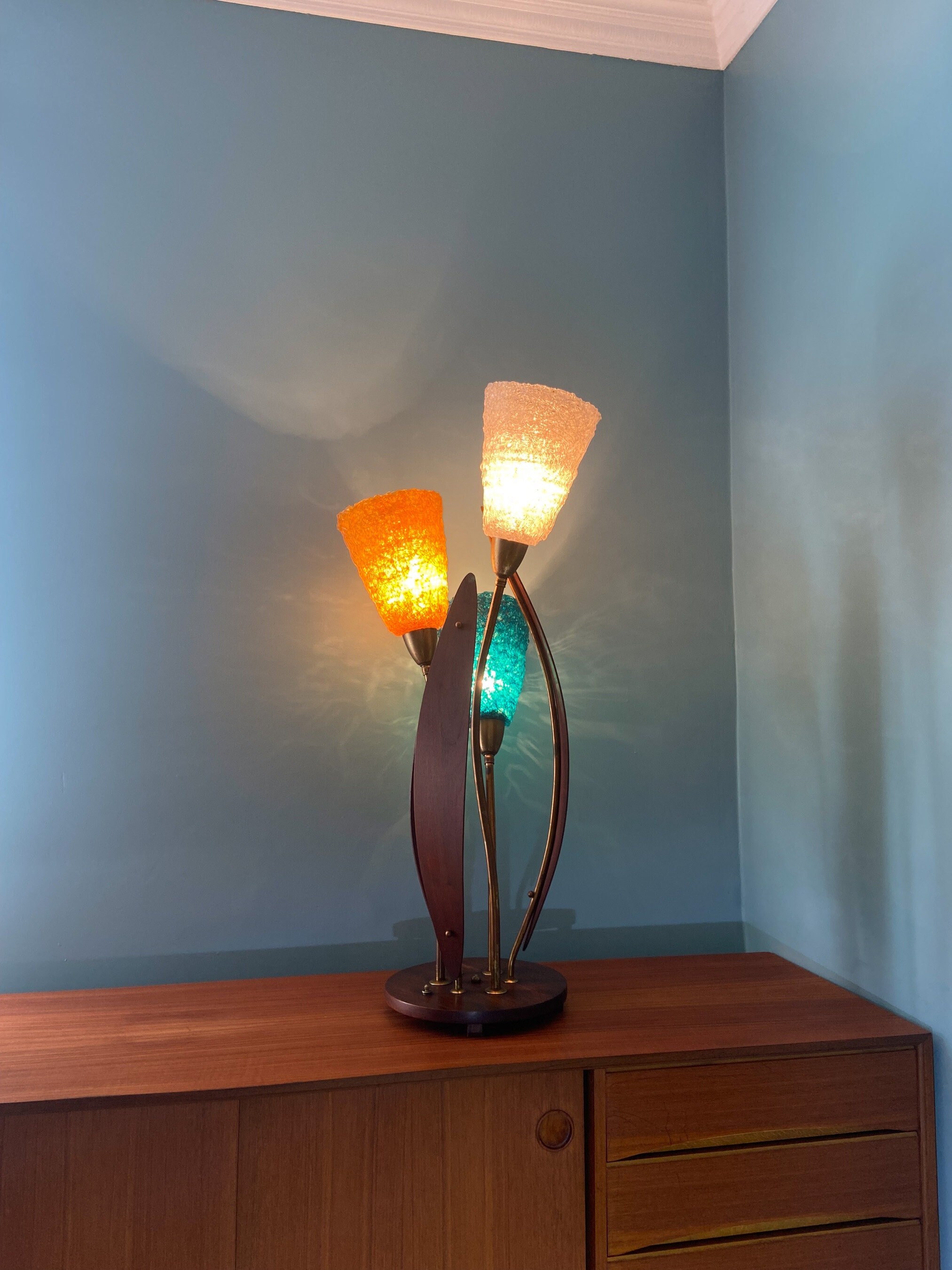 MidCentury Modern Lamp Biomorphic Lamp Walnut Brass and Lucite Tulip