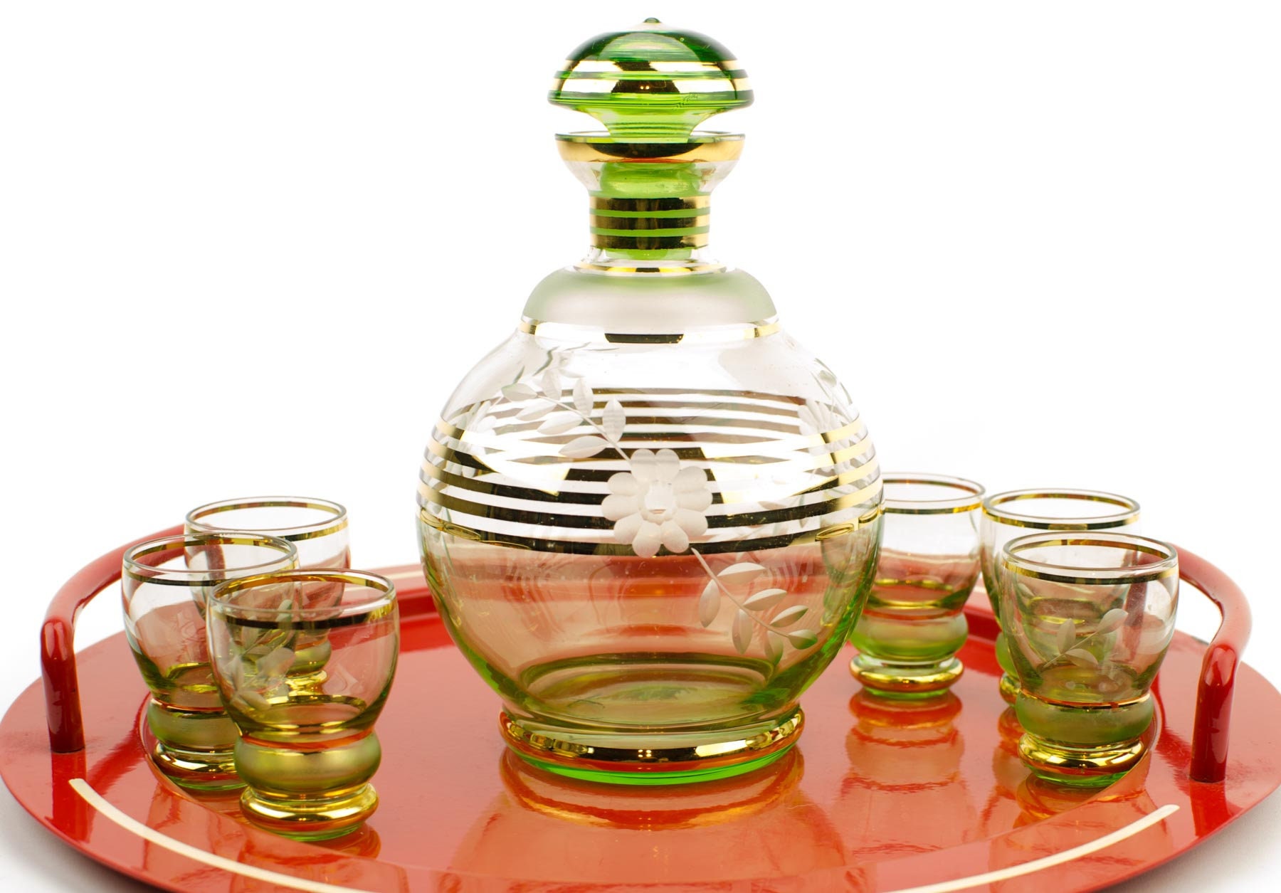 Vintage Bohemia Crystal Decanter Set with Etched Floral Design, Hand