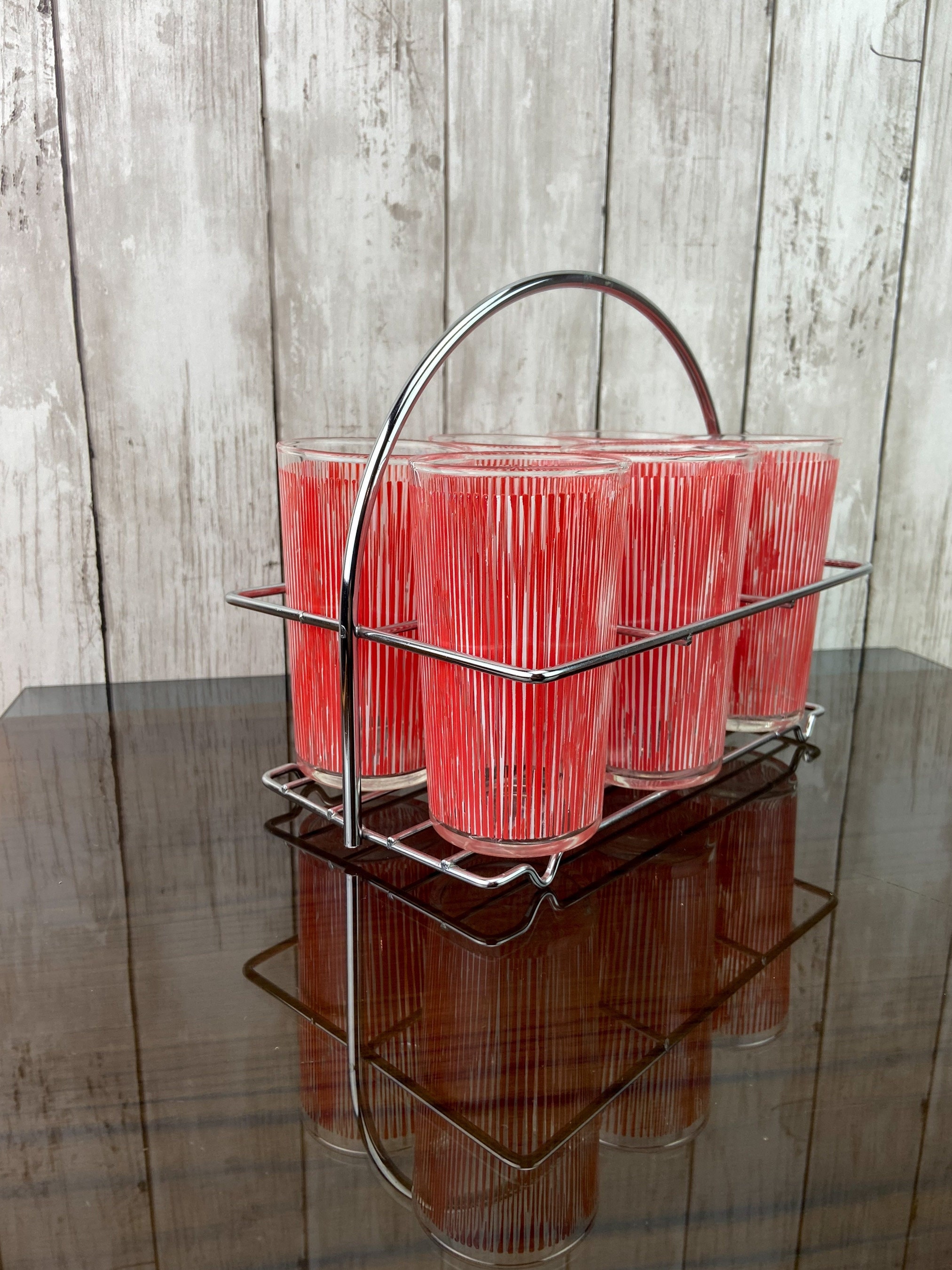 Mid Century Glassware Mid Century Drink Caddy 1940s Drink Caddy Retro Red Stripped Glasses