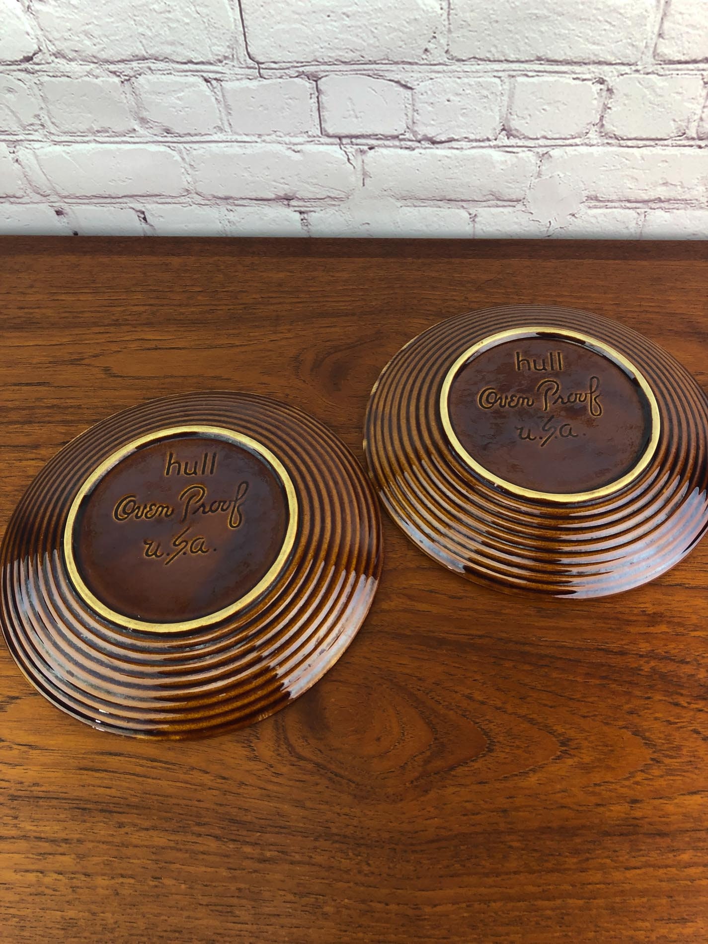 RESERVED—Hull Luncheon Plates (2), Hull Brown Drip Oven Proof USA