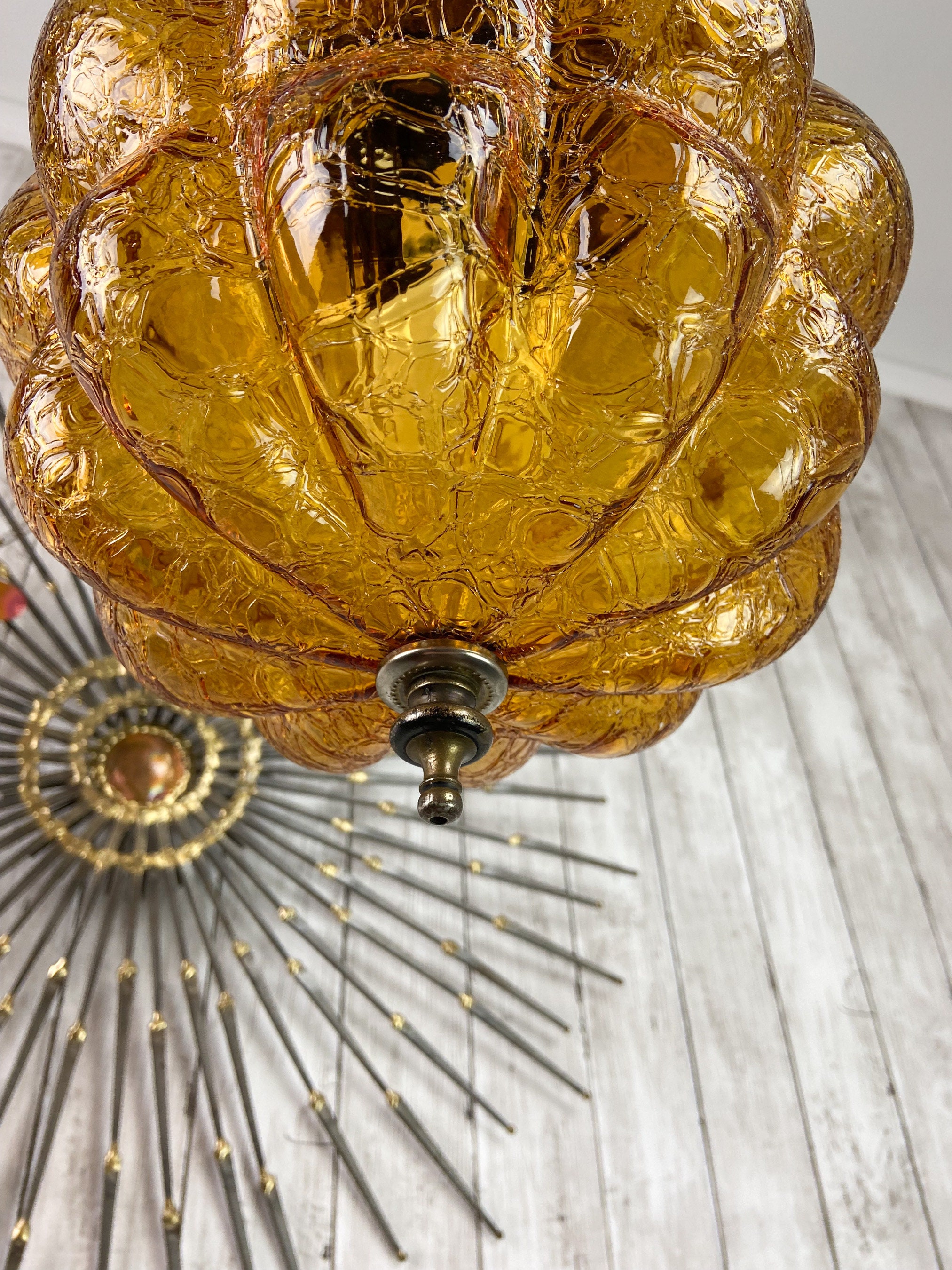 Vintage Swag Lamp Amber Swag Lamp Boho Swag Lamp Crackled Glass Swag