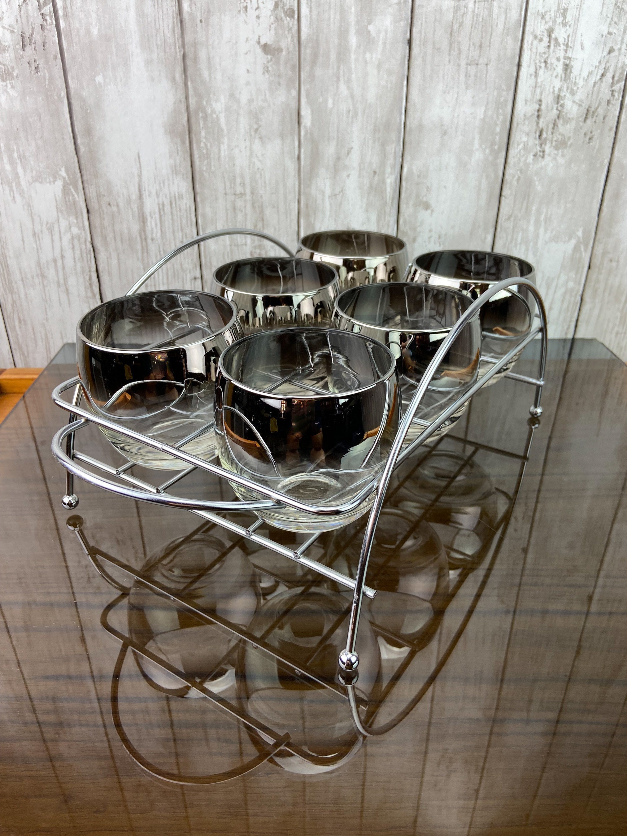 MCM Glass Caddy Glass Caddy Vintage Silver Tumblers Vintage Drink Caddy