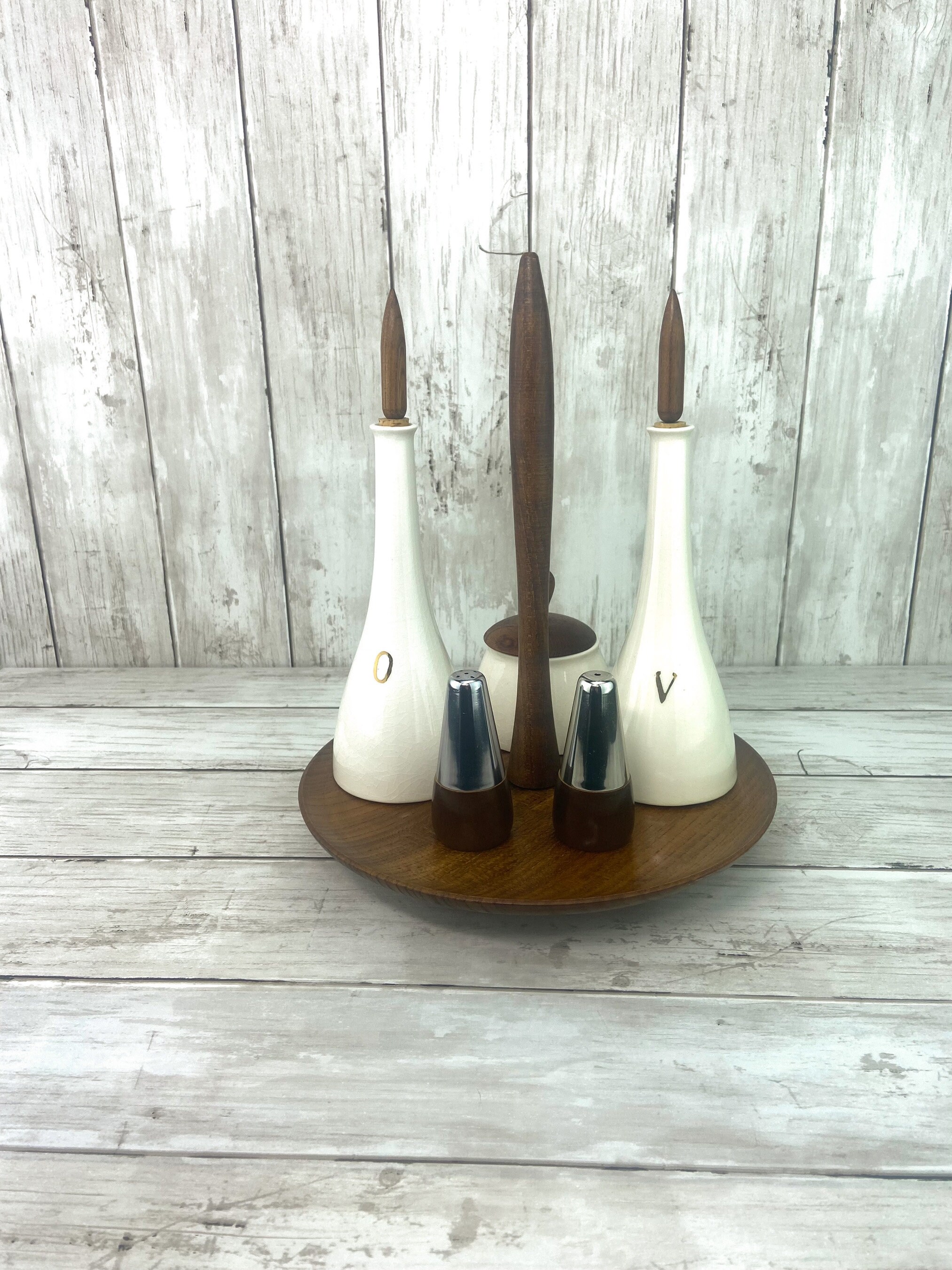 Teak Condiment Set, Teak Salt and Pepper Caddy Set, Oil and Vinegar