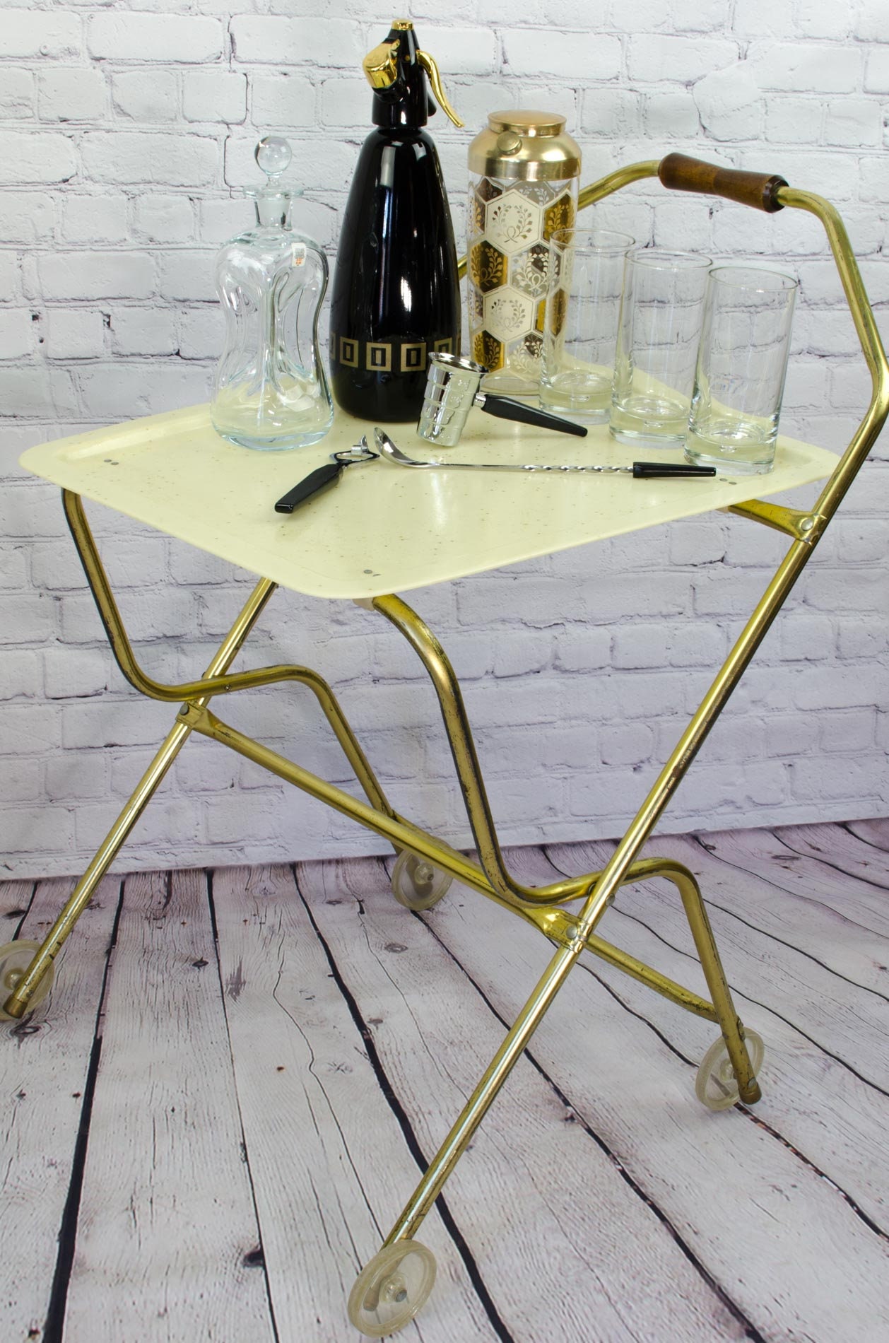 Mid Century Bar Cart, Folding Bar Cart, TV Tray Serving Cart, Retro Bar