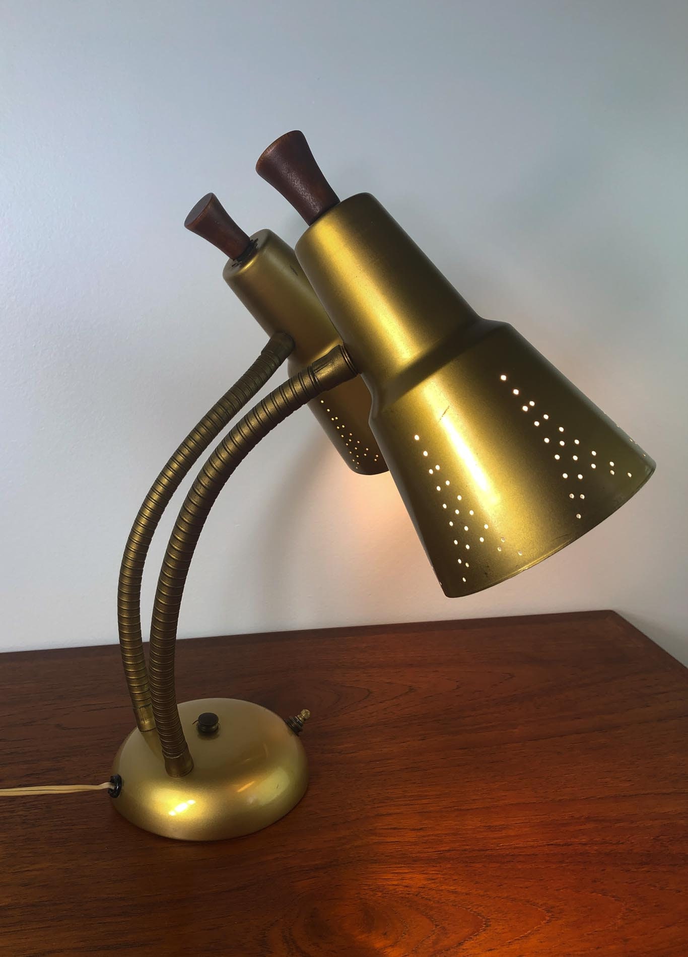 Double Gooseneck Desk Lamp, MCM Desk Lamp, Brass Tone Desk Lamp, Mid