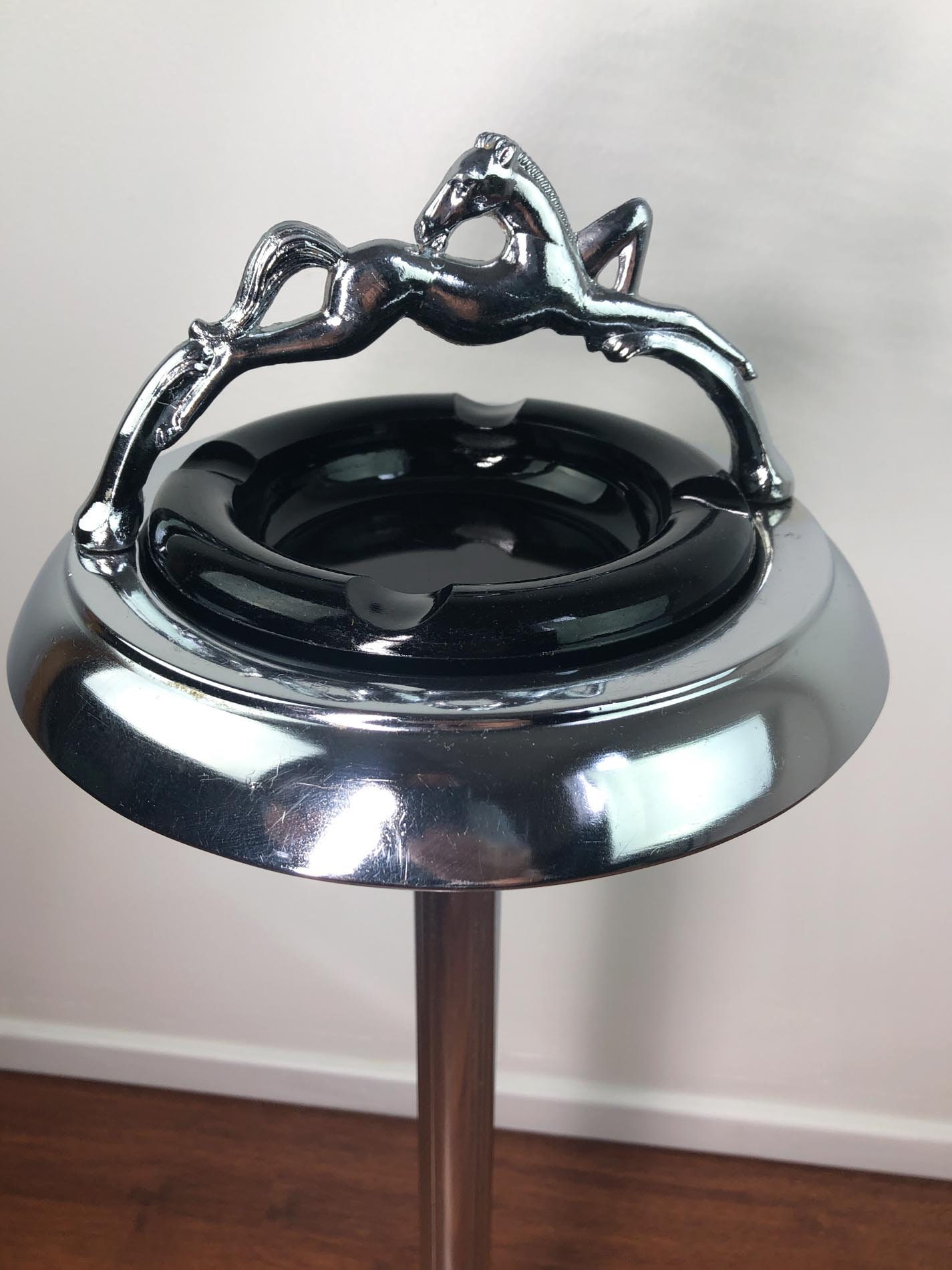 Vintage Standing Ashtray with Horse Handle, Vintage Chrome Horse Ashtray, Rancher Ashtray Stand