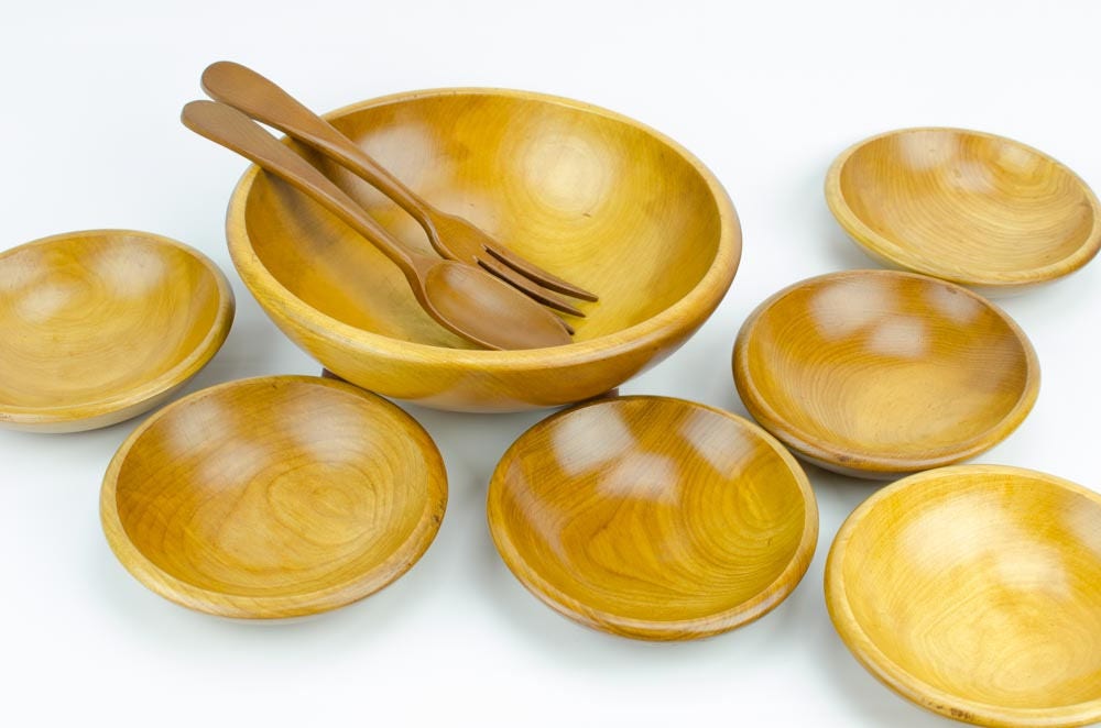 Baribocraft Salad Bowl Set, Rustic Wood Salad Bowl Set, Mid Century Vintage Wooden Salad Bowls