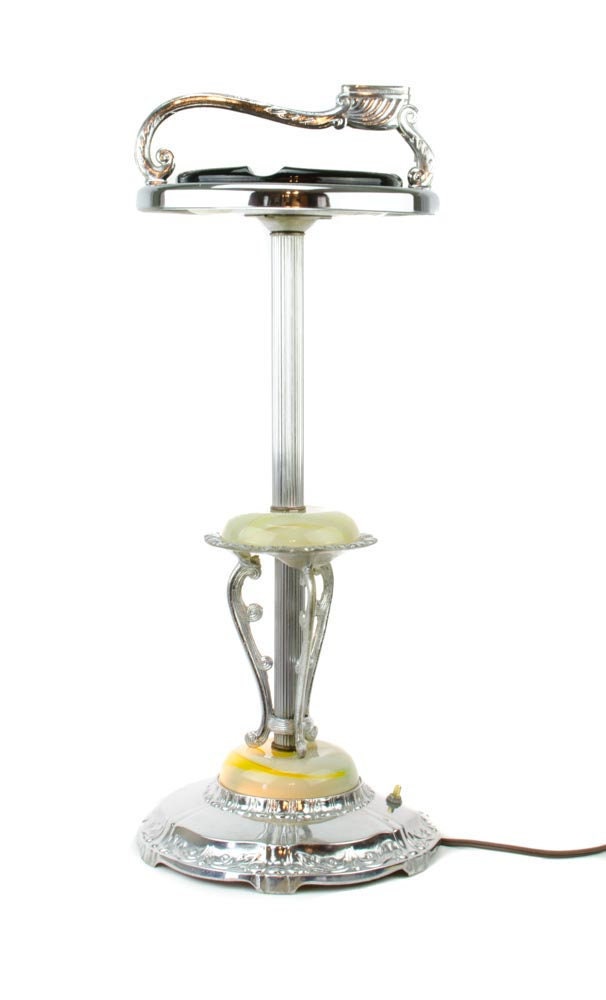 Vintage Chrome Ashtray Stand Lighted Akro Agate Swirl, Vintage Chrome