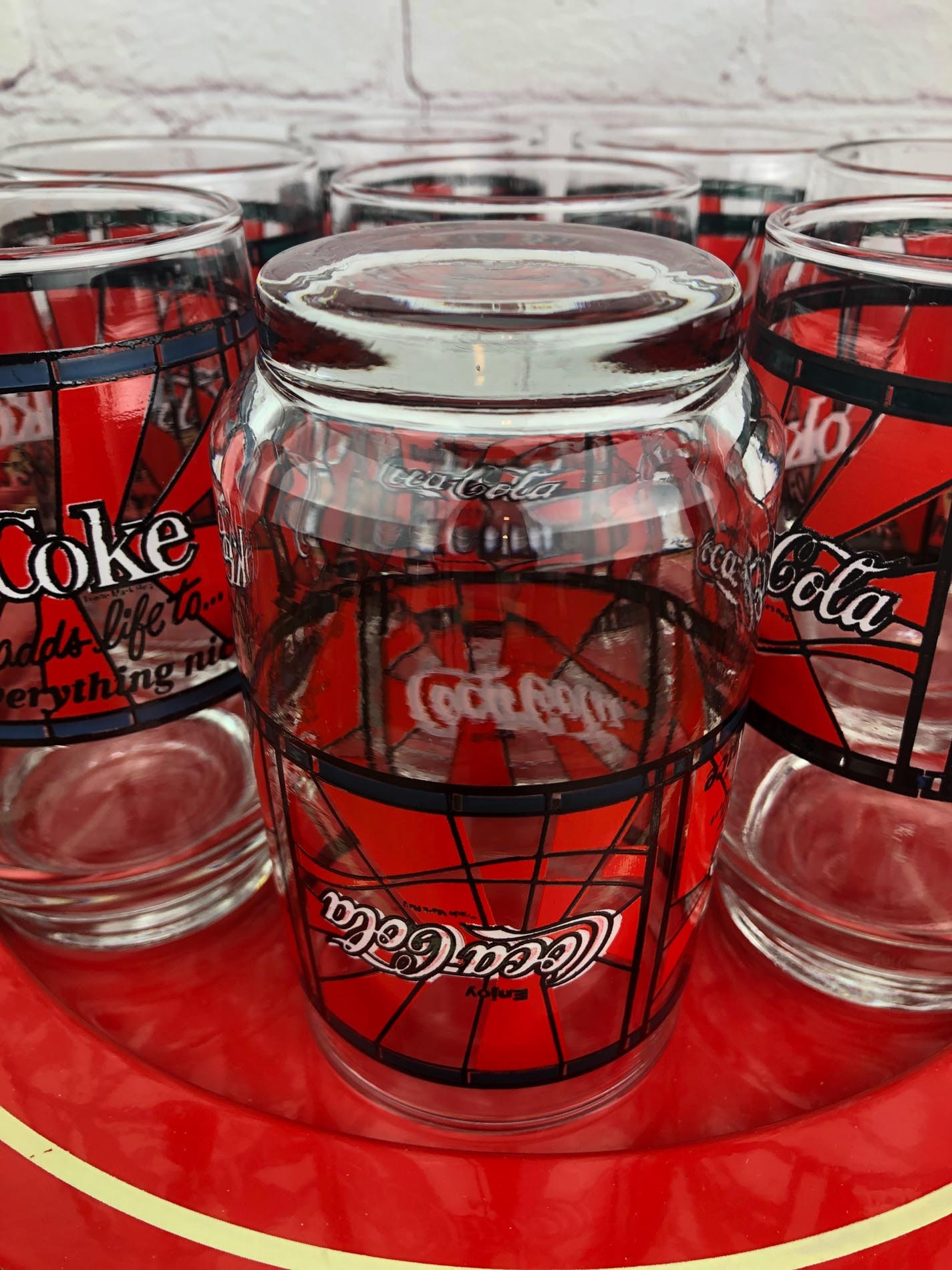 CocaCola Glasses (8), Stained Glass Style Coke Glasses, Retro kitchen