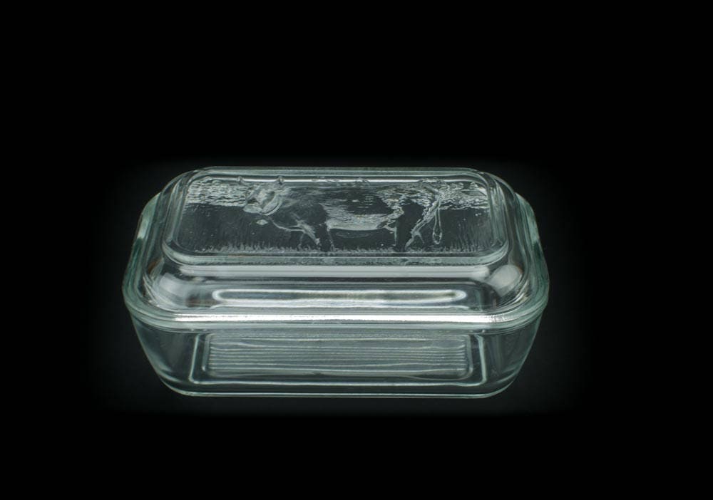 Vintage French Glass Butter Dish, Cow Butter Dish, Cow Motif Butter