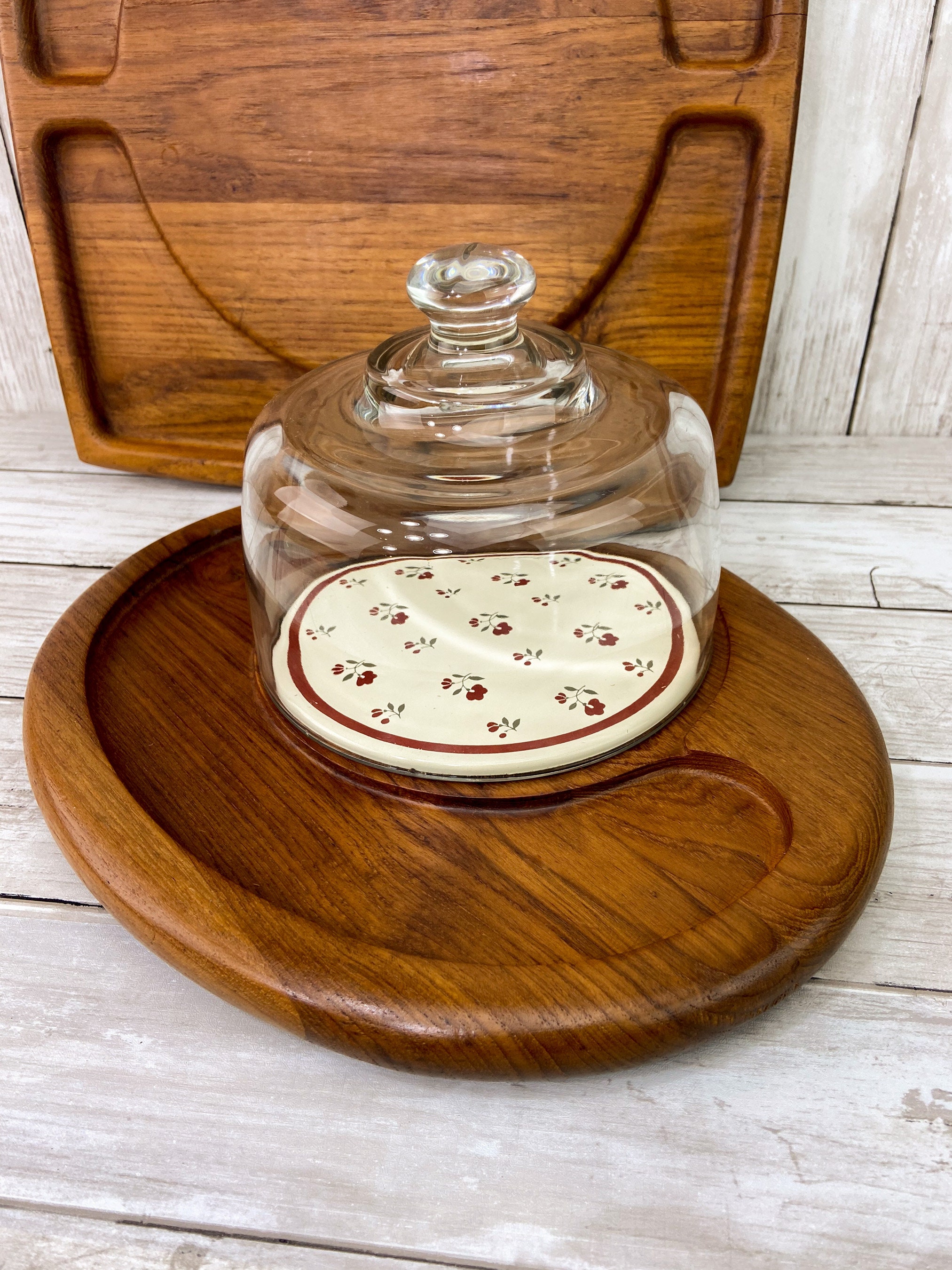 Teak Charcuterie Board and Cheese Dome Vintage Teak Serving Platter