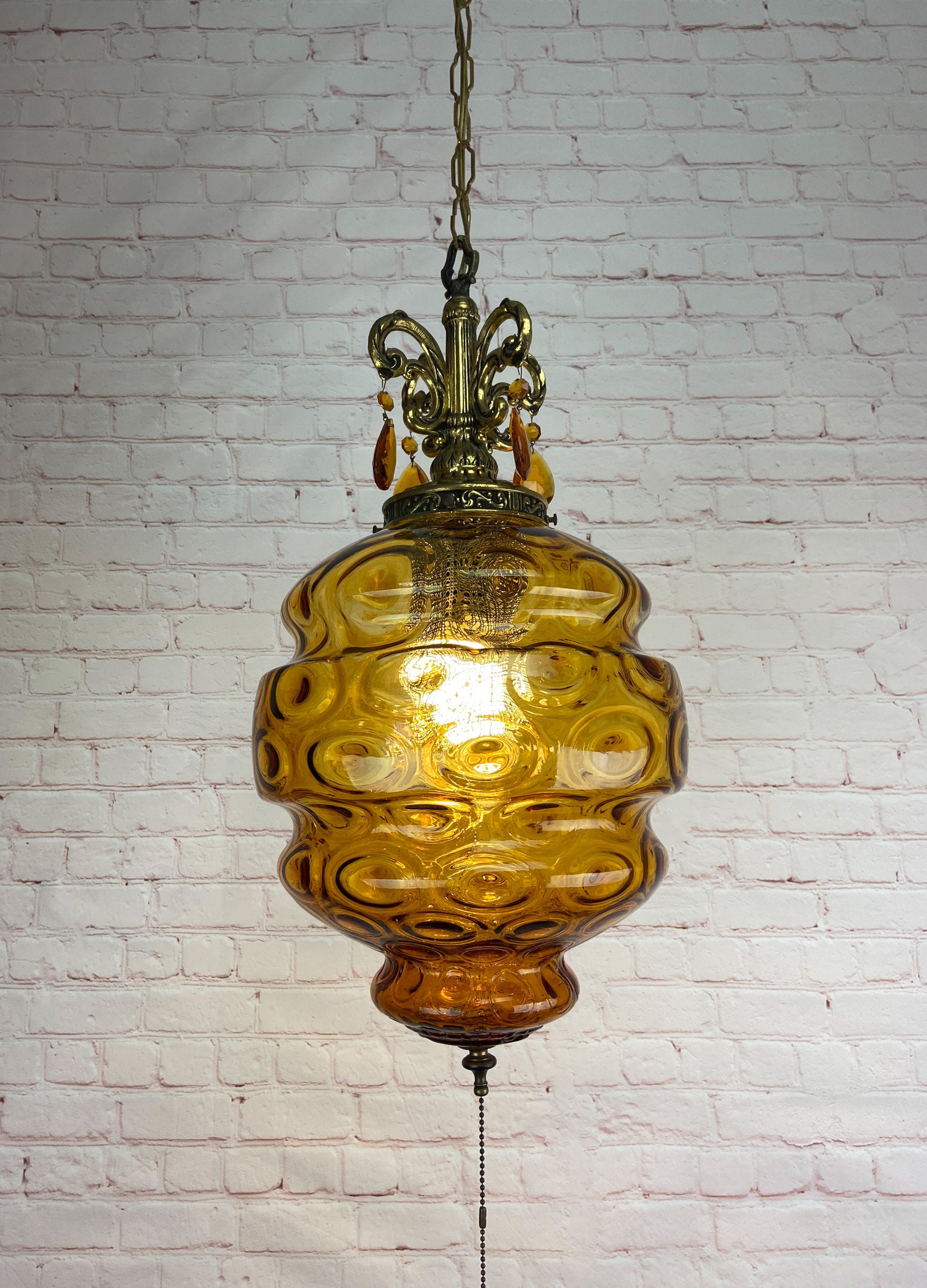 Mid Century Glass Swag Lamp, Vintage Brass and Glass Swag, Boho Swag