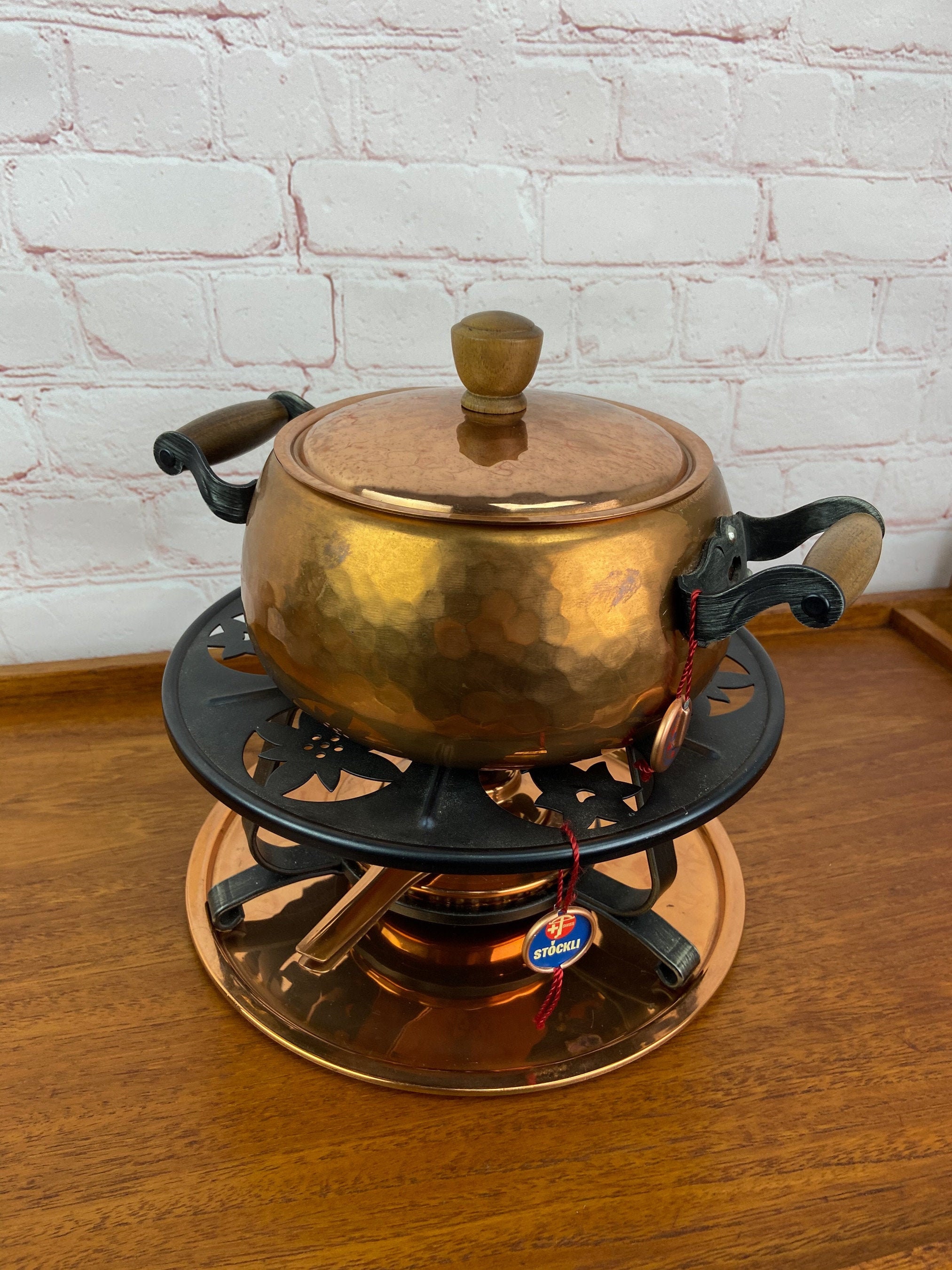 Stockli Netstal Hammered Copper Fondue Pot, Swiss Copper Fondue Pot