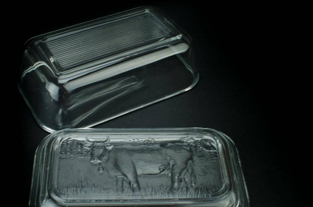 Vintage French Glass Butter Dish, Cow Butter Dish, Cow Motif Butter