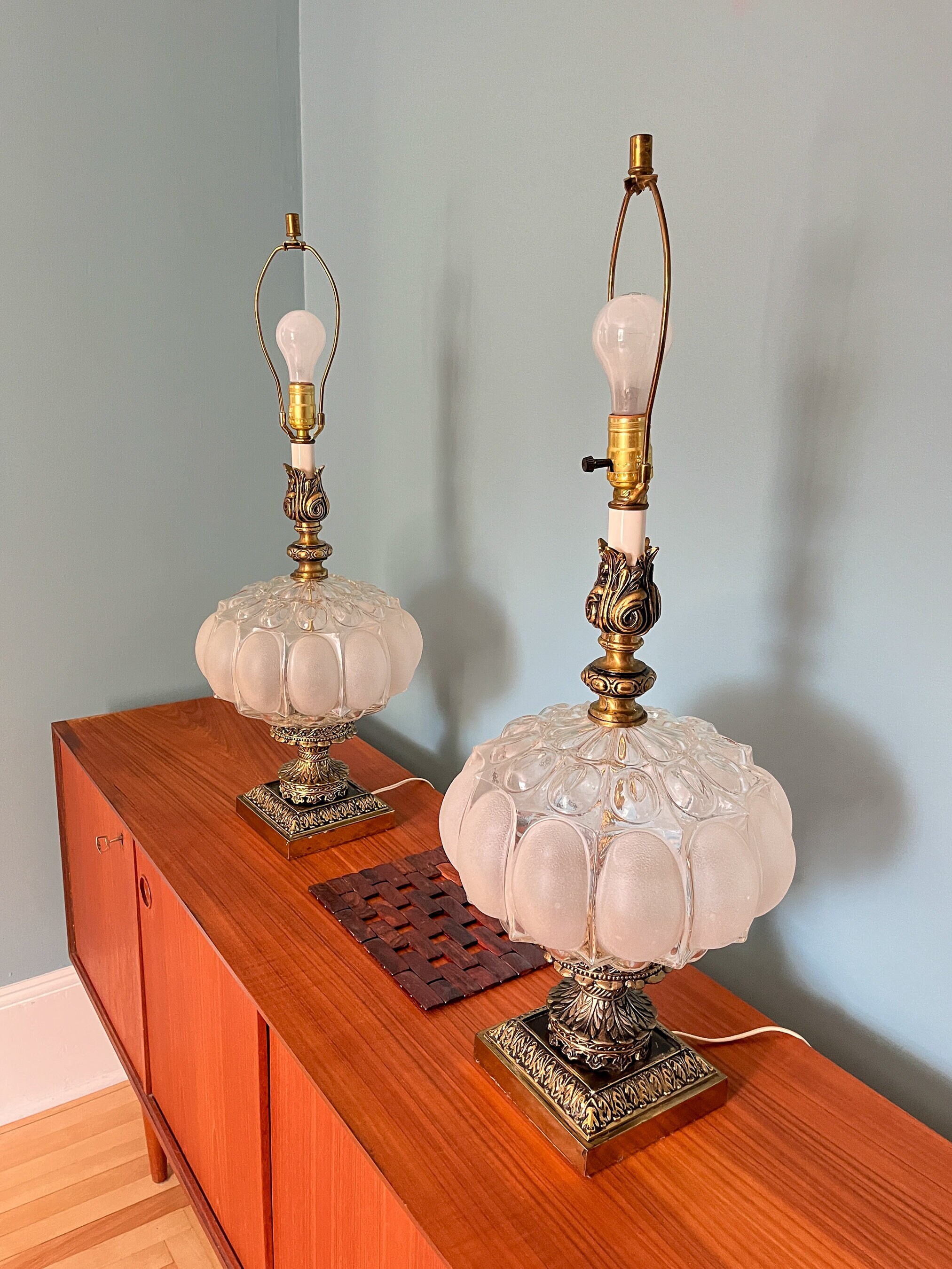 Mid Century Glass Lamps Vintage Brass and Glass Boho Lamps Glashutte