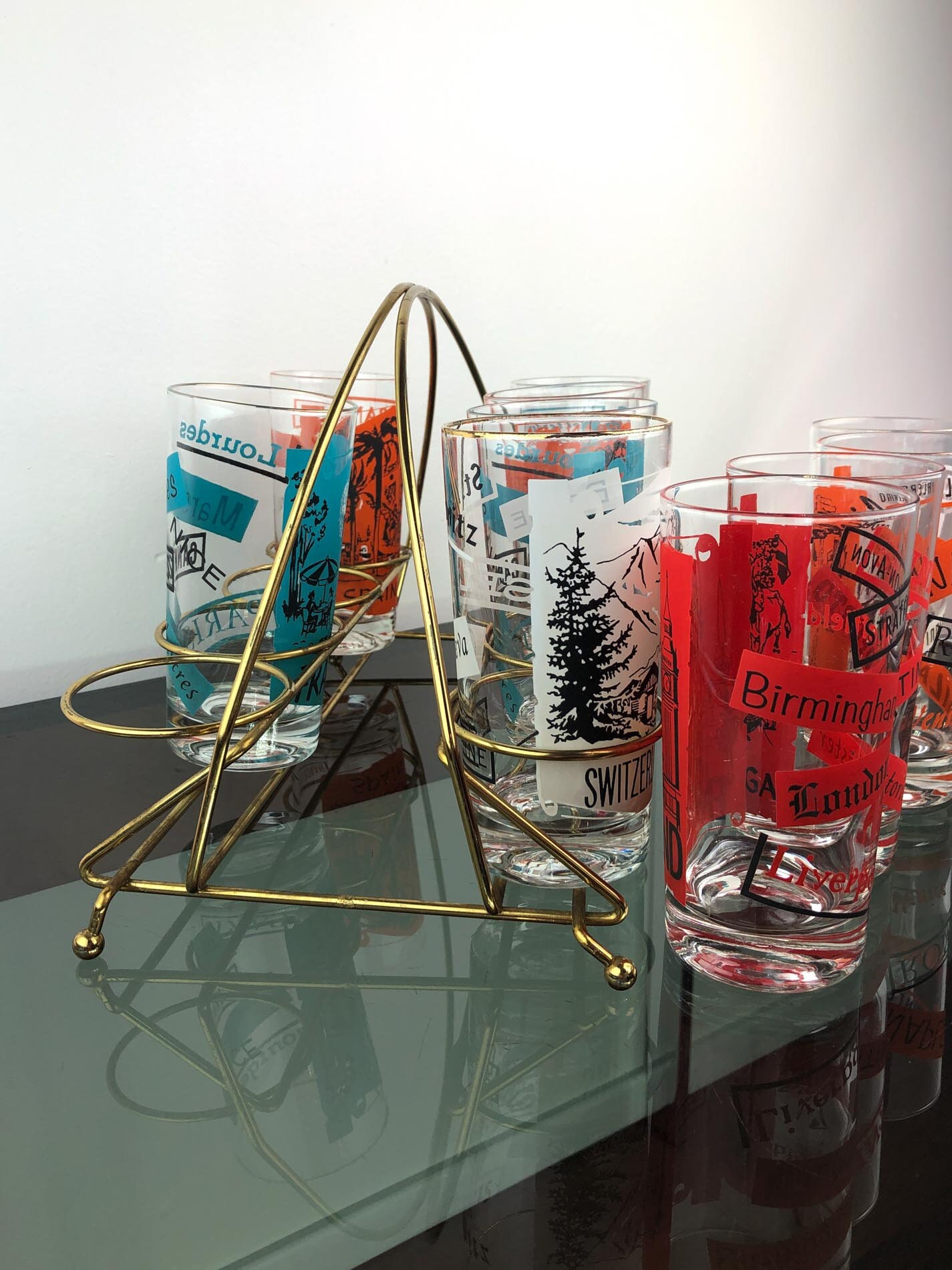 Pan Am Glasses, Mid Century Glass Caddy, Pan Am Vintage Destination Glasses
