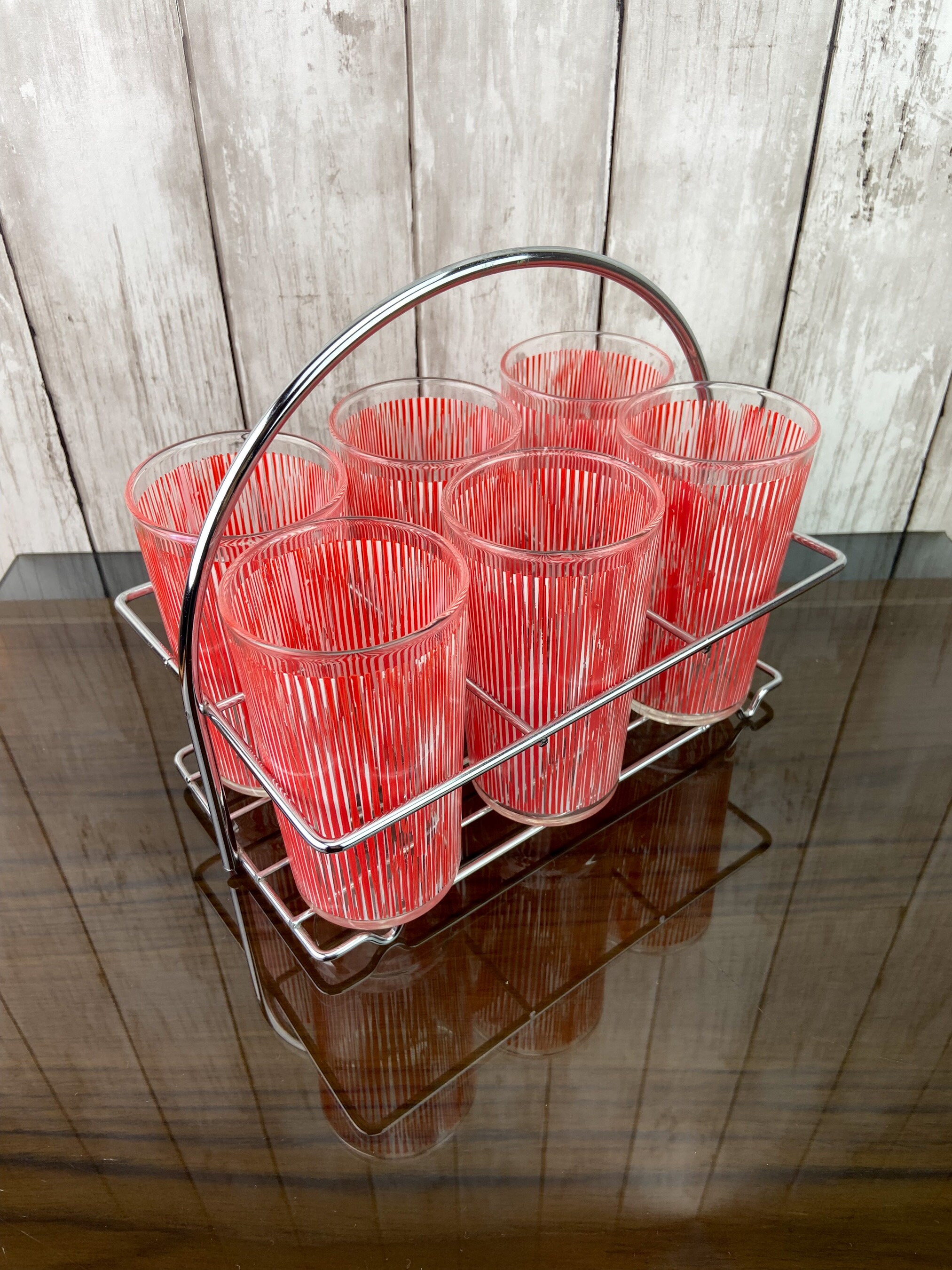 Mid Century Glassware Mid Century Drink Caddy 1940s Drink Caddy Retro Red Stripped Glasses