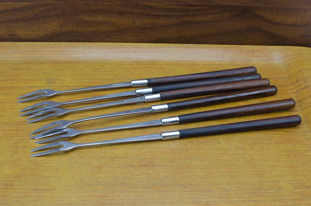 Teak Fondue Forks, Mid Century Fondue Forks, Stainless Steel Fondue Forks