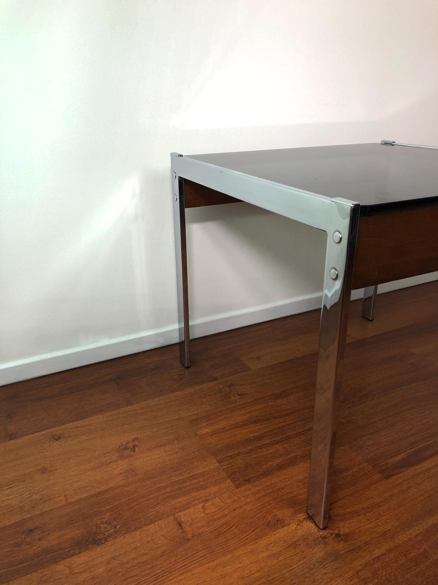 ON HOLD—Chrome End Table, Chrome and Glass Table, Modernist End Table