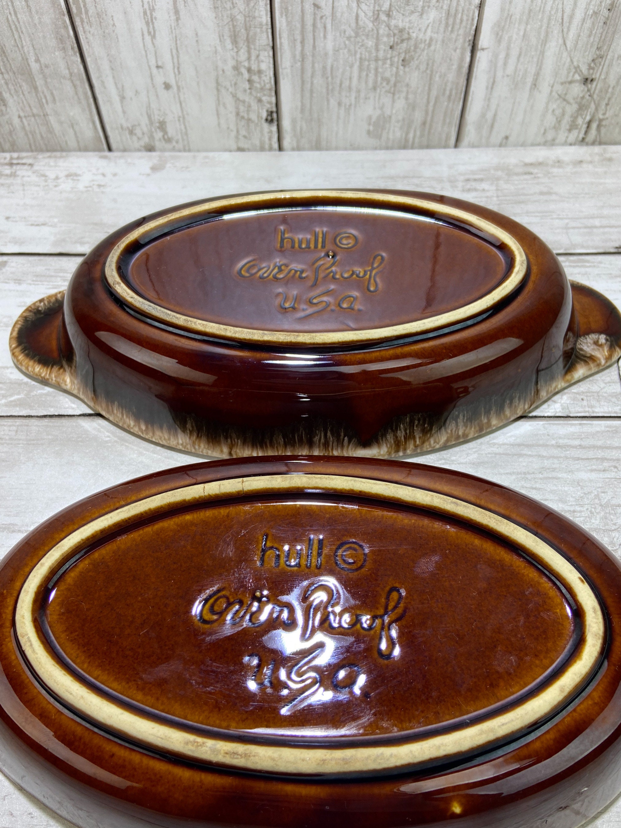 Hull Oven Proof Brown Drip Au Gratin Oval Casserole Hull Serving Dish