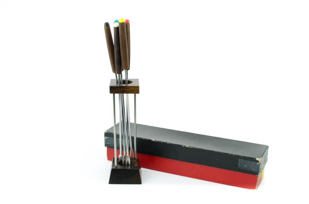 Rosewood Fondue Fork Stand, Vintage Fondue Forks, Fondue Fork Stand