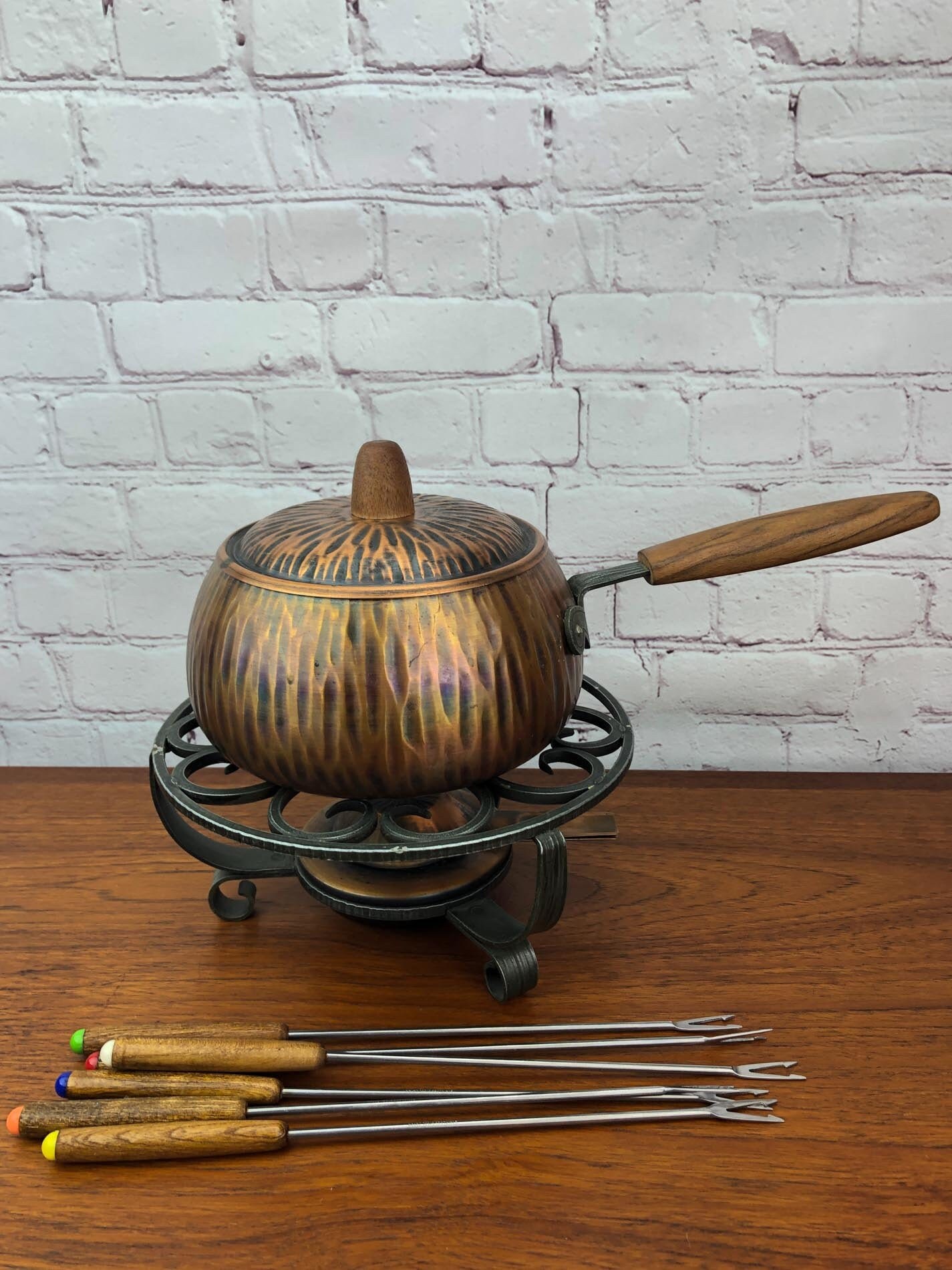 Sigg Fondue Set, Sigg Switzerland Hand Hammered Copper Fondue Set, 1950