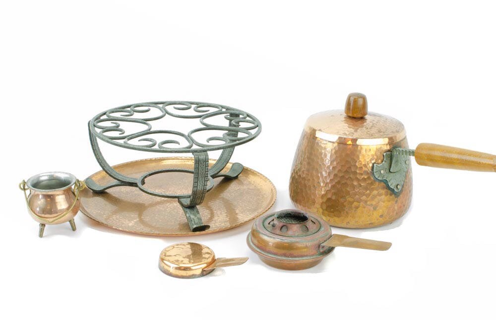 Sigg Fondue Set, Sigg Switzerland Hand Hammered Copper Fondue Set, 1950