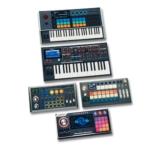 May include: An assortment of black synthesizers and music production controllers. The keyboards have white keys and colorful pads and screens. One unit displays "SUPER ANALOG MONOSYNTH". The devices are arranged on a white background.