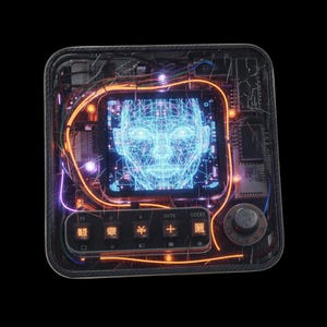 Pode incluir: Um dispositivo futurista com uma tela exibindo um rosto humano azul em wireframe. O dispositivo tem uma moldura preta com fiação laranja e roxa semelhante a neon. A parte inferior apresenta um painel de controle com símbolos e texto.