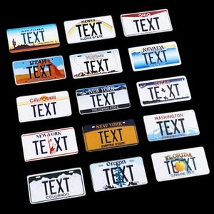 May include: A collection of miniature license plates featuring various U.S. states. Each plate has a unique design and the word "TEXT" prominently displayed. States include Arizona, Hawaii, Ohio, Utah, California, Montana, Nevada, Texas, New York, Washington, Oregon, and Florida.