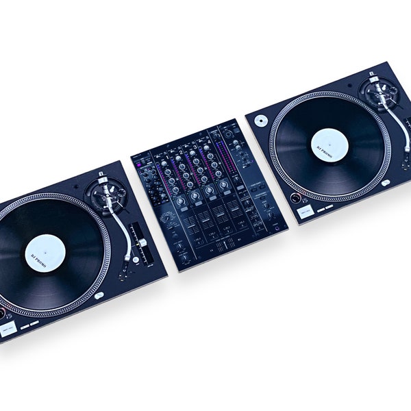 DJ Turntables Record Vinyl Decks Black Fridge Magnet Set + Mixer