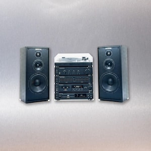 May include: A black stereo system featuring a central stack with a turntable on top, a receiver, a graphic equalizer, a cassette deck, and a CD player. Two matching black three-way speakers are positioned on either side of the main unit.