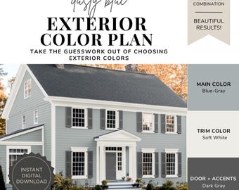 Exterior Paint Color Palette - Dusty Blue, Blue Gray House Colors, Blue Exterior, Coastal House Colors, Light Blue Exterior