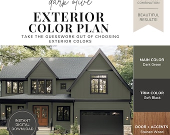 Exterior Paint Color Palette - Dark Olive, Green House Colors, Moody Exterior Paint, Black Trim Exterior, Modern House Colors