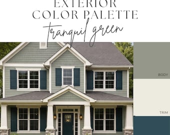 Exterior Paint Color Palette - Tranquil Green, Green House Colors, Gray Green Exterior, Creamy White Trim, Dark Teal Front Door and Shutters