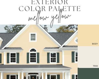 Mellow Yellow Exterior Paint Palette – Cottage House Colors (Digital Download), Yellow House Paint Colors, Dark Green Shutters