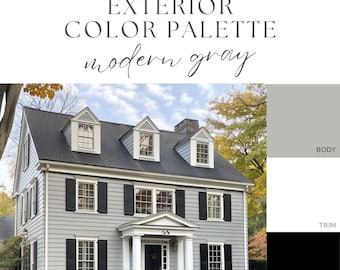 Exterior Paint Color Palette - Modern Gray, Gray House Colors, White Trim Exterior, Black Shutters House, Neutral Exterior Paint Scheme