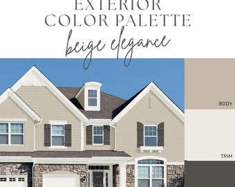 Exterior Paint Color Palette - Beige Elegance, Beige House with White Trim, Neutral House Colors, Classic Exterior Paint, Timeless Exterior