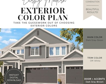 Exterior Paint Color Palette - Earthy Modern, Dark Neutral House Colors, Green Exterior, Bronze Shutters, Modern Exterior Paint